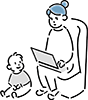 ソファで仕事をしているママと床に座っている子供のイラスト